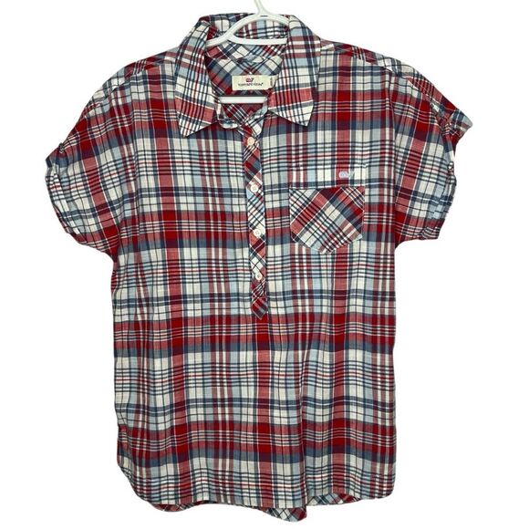 Vineyard Vines Plaid Red/Blue/White Short Sleeve 3/4 Button Up Women’s Sz 8 - Picture 1 of 10